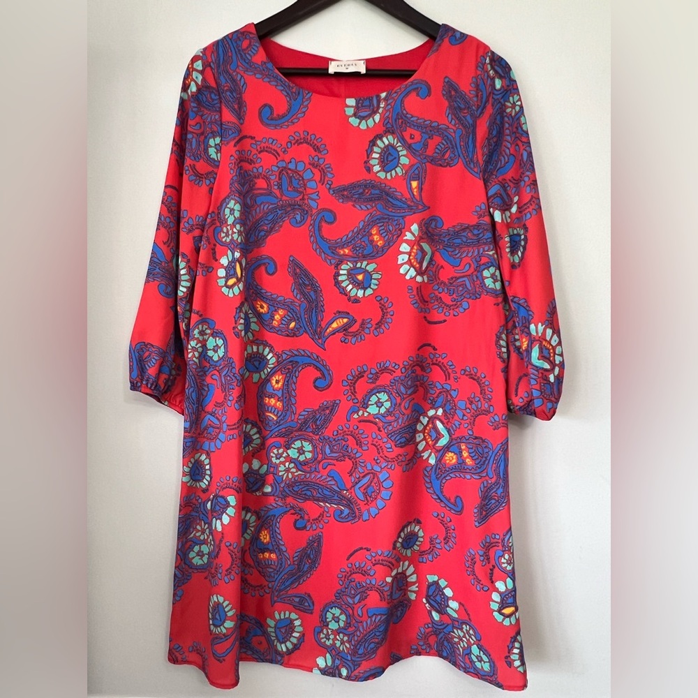 Floral Paisley Knee Length Dress Everly Sz Medium 3/4 Sleeve Coral Mod Boho